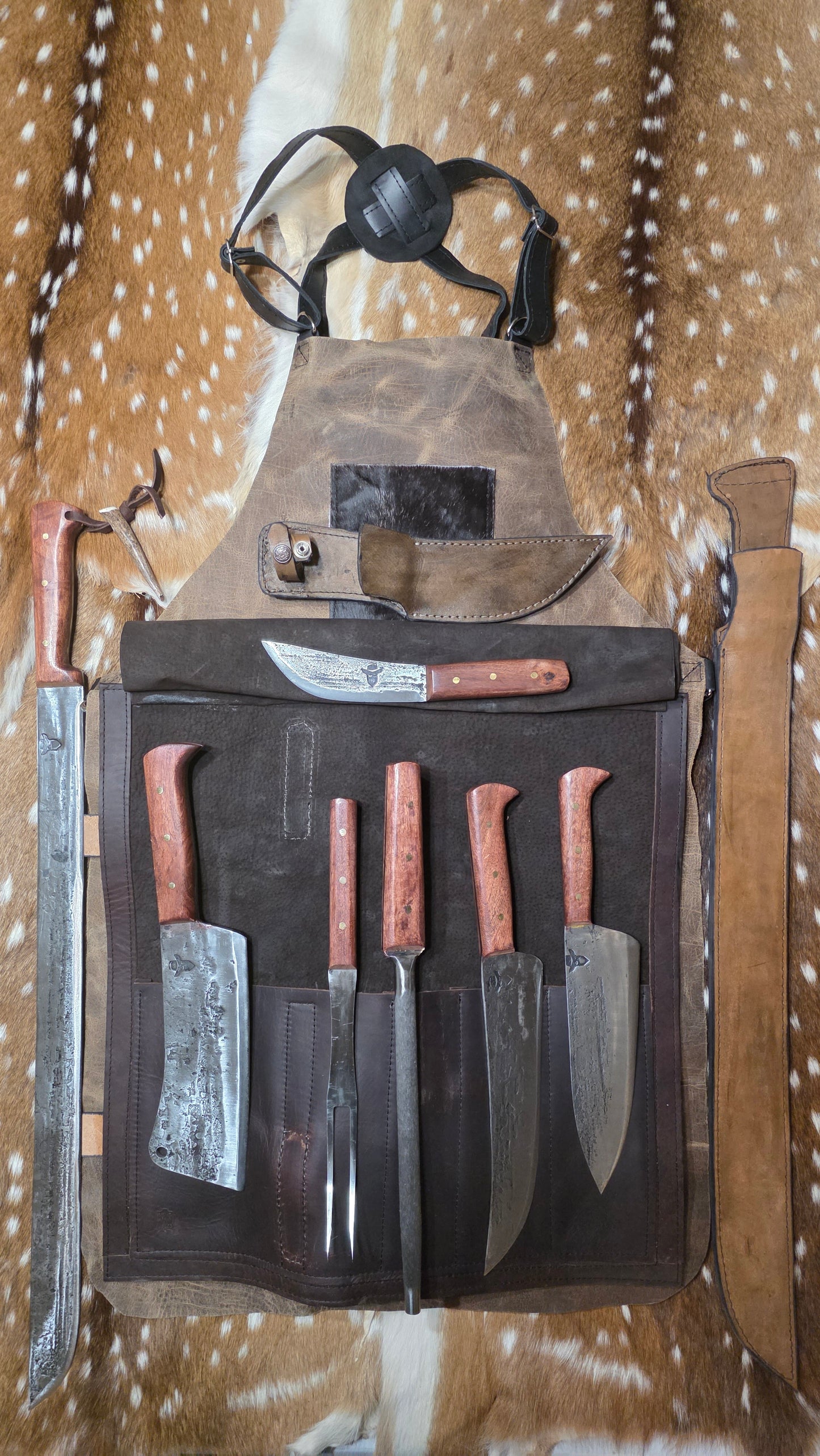 Aged Leather Apron Mesquite Set w/ Skinner and Machete