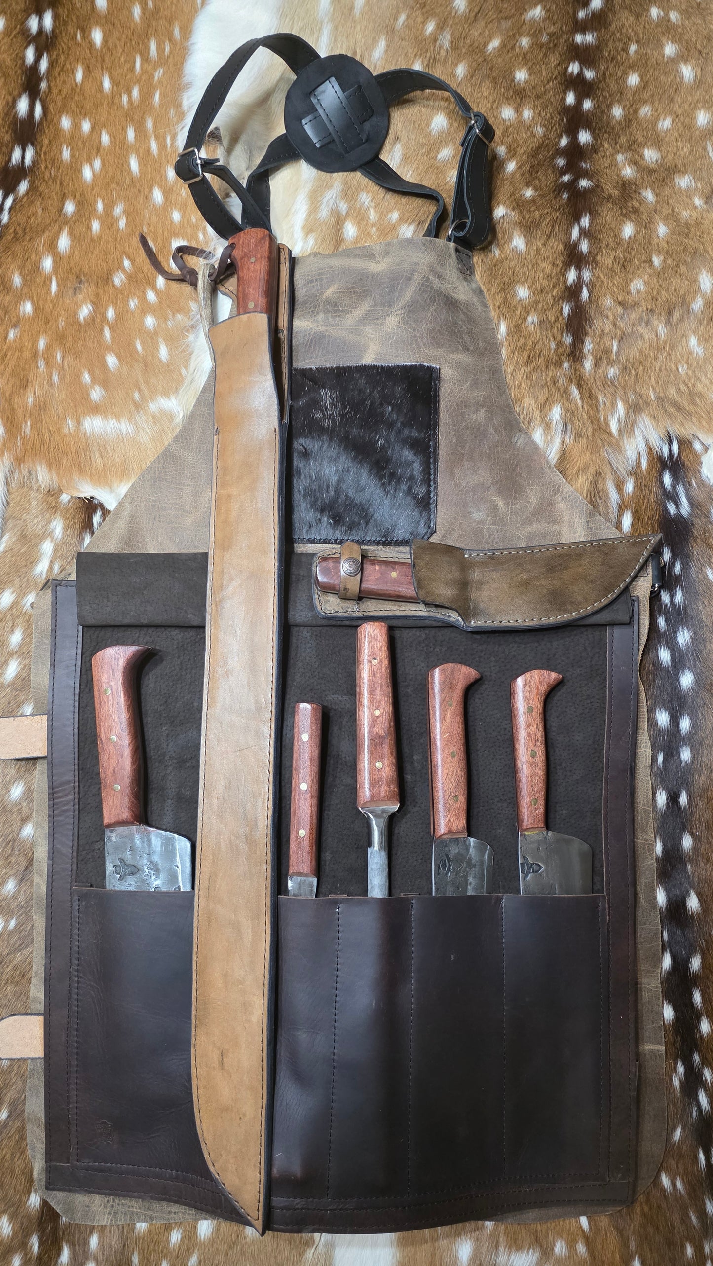 Aged Leather Apron Mesquite Set w/ Skinner and Machete