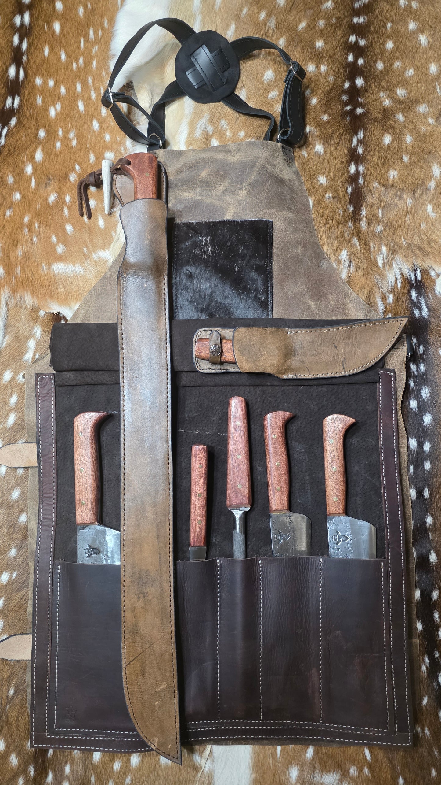 Aged Leather Apron Mesquite Set w/ Skinner and Machete